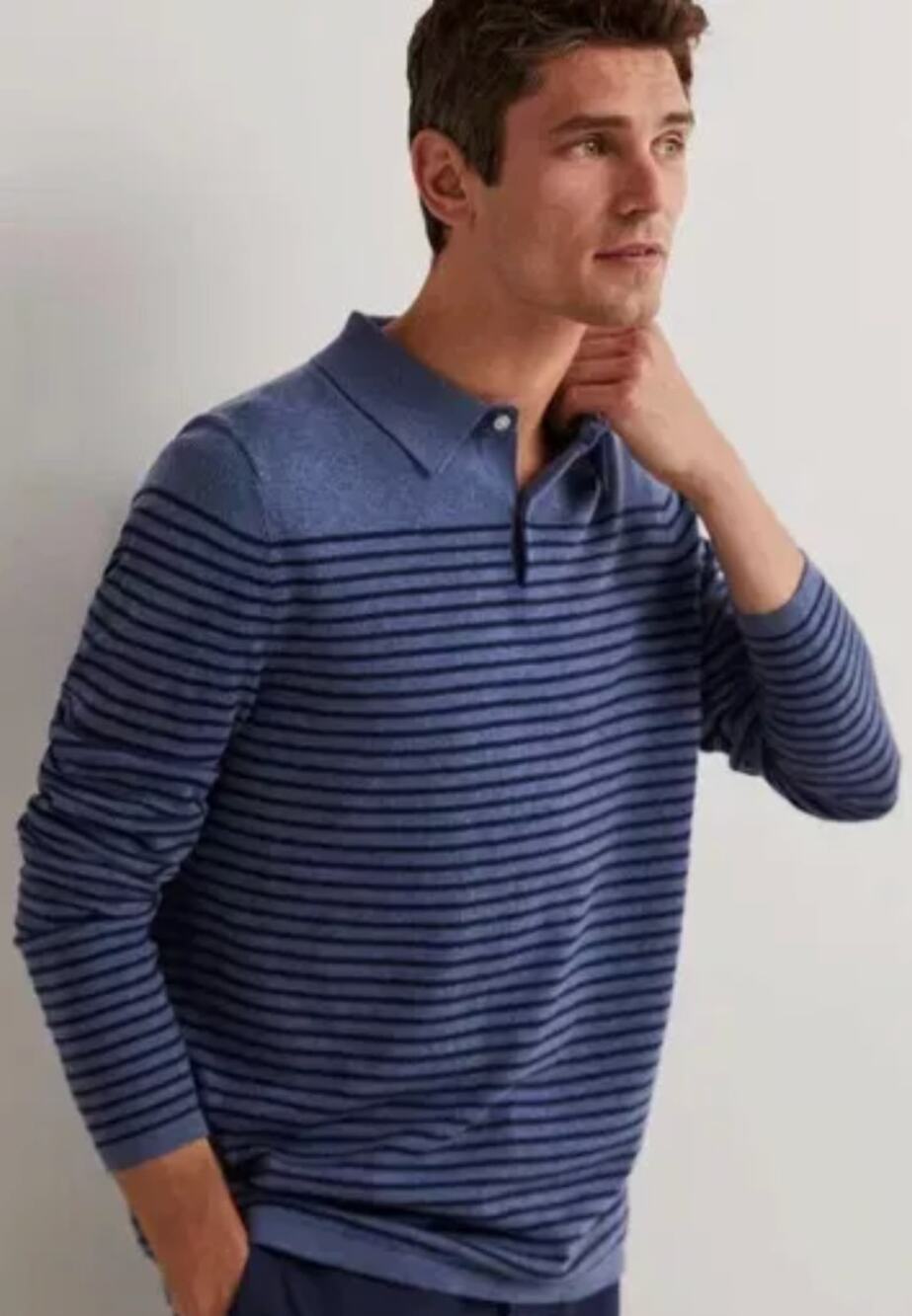 Boden Men's Merino/ Cotton Blue Striped Polo Knit Shirt Size Large
